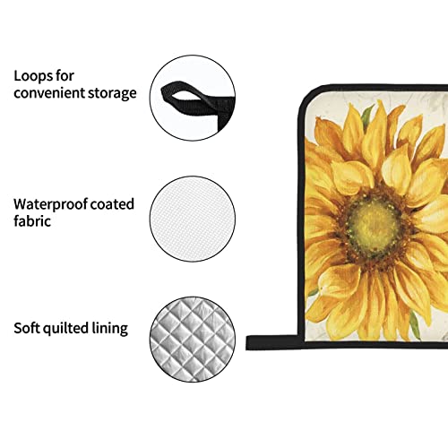 Sunflowers Oven Mitts And Pot Holders Sets Of 4 High Heat Resistant Vintage Sunflower Bee Oven Mitts With Oven Gloves And Hot Pads Potholders For Kitchen Cooking Bbq Non-Slip Cooking Mitts #TOP5