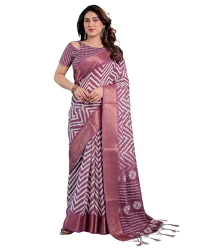 Image of ALMAARI FASHION Handloom Cotton Linen Saree for Women with Floral Printed Design and Tassel Pallu, Traditional Ethnic Lightweight Saree for Daily Office Festive with Blouse Piece