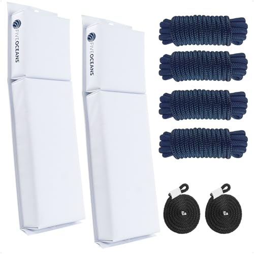 Five Oceans 2-Pack Flat Boat Fender Kit, Includes 24" x 6-7/8" x 2-1/2" White Fenders, Ropes Lines 3/8-Inch x 5-Ft, and Dock Lines 1/2" x 15' - FO4614-C1