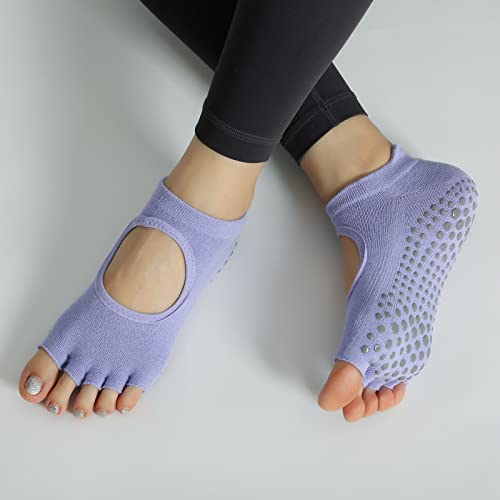 Image of Yoga Pilates Toe Socks Toeless Socks with Grips for Women Non Slip Cushioned Low Cut Ankle Socks for Dance