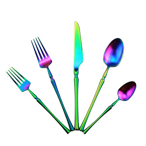 Gugrida Unique & Beautiful Flatware Set - 5 Piece Iridescent Silverware Sets | 18/10 Stainless Steel Reusable Cutlery Set | Rainbow Utensils Service For 1 with Dessert Fork, Knife, Spoon, Dinner Fork