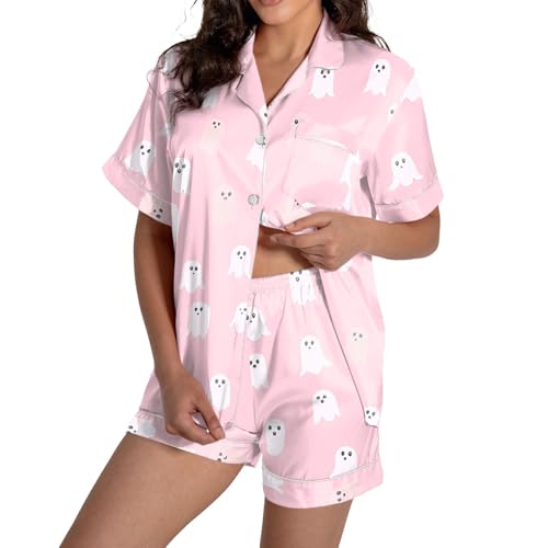Women Pajamas Set Halloween Funny Ghost Silk Stain Top with Shorts Loungewear Fashion Comfort Sleep Lapel Neck Pajama