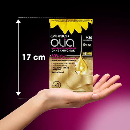 Foto von Garnier Dauerhafte Haarfarbe ohne Ammoniak mit pflegenden, natürlichen Ölen, Vollständige Grauhaarabdeckung, Olia Permanente Coloration, 9.30 Karamellgold (Blond), 1 Stück