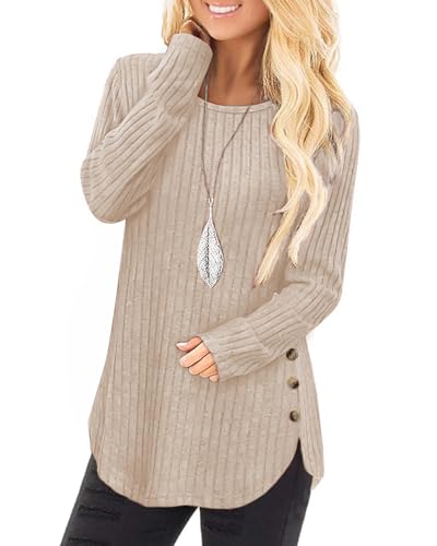 Tanmolo Damen Pullover Herbst Elegant Oberteile Langarm Strickpullover mit Knopfdetail und Kabelstruktur Leichter Arc-Saum Rundhals Pulli Apricot, M Tanmolo Damen Pullover Herbst Elegant Oberteile Langarm Strickpullover mit Knopfdetail und Kabelstruktur Leichter Arc-Saum Rundhals Pulli Apricot, M