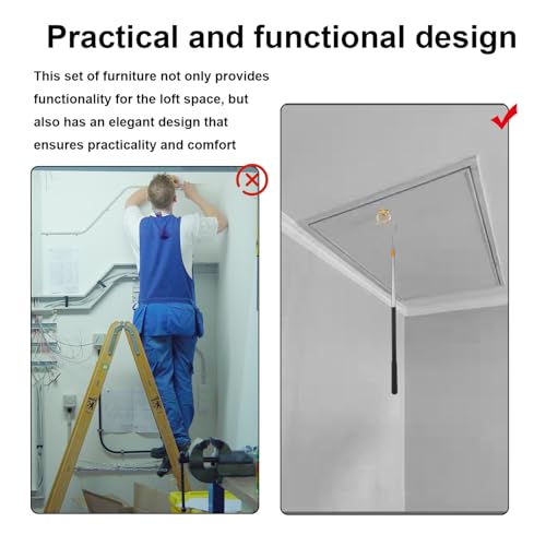 Dachbodenleiter-Zugsystem, Dachbodentreppen-Zugset Inkl. Teleskop-Zugstange, bis zu 164cm Verlängerung mit Griff aus Aluminiumlegierung und Edelstahlhaken für Dachbodenleiter-Zubehör