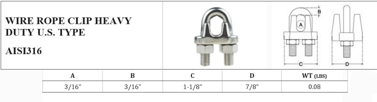 DBMIMPORTERS Set of 5 PC 3/16'' Stainless Steel 316 Heavy Duty Marine Wire Rope Clips Cable Clamp Rig Boat