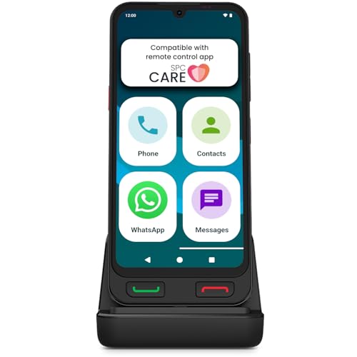 SPC Zeus 2 Pro – Senior smartphone compatible with app management and location remote | Easy Mode, physical buttons, XXL icons | 6.1” display, dual camera, 128GB | Charging base, SOS button