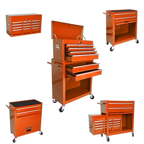 Fulvari Werkzeugtruhe mit 8 Schubladen, Rollkoffer mit Rollen, tragbarer Werkzeugkasten auf Rollen, hohe Kapazität, Werkzeugkiste für Garage, Werkstatt, Heimwerken, Orange