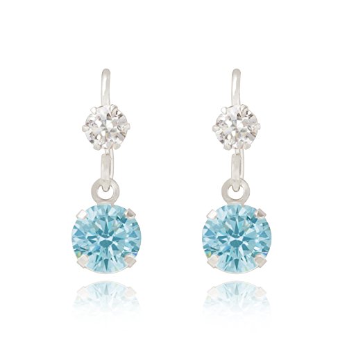9ct White gold sky blue topaz cz crystal drop hook earrings. Gift box