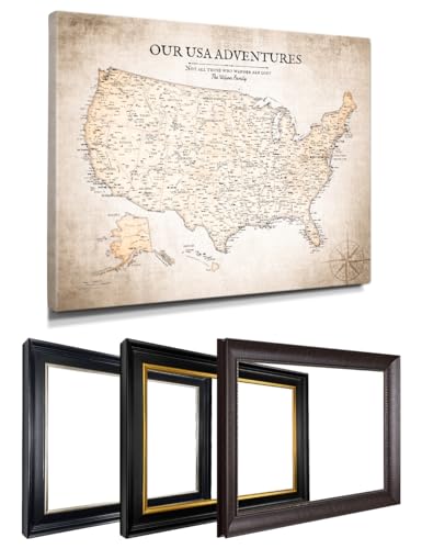 Image of IPIC - Custom USA Map Canvas Wall Art, Personalized Artwork with Names and Message on, Framed Large Travel Map for Home, Office, or Study, Push in Board Decor for Travel Lovers