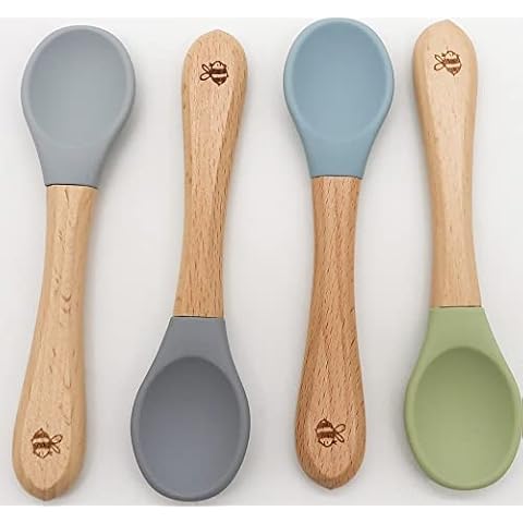 Wriggle & Giggle | Baby Weaning Spoon | Toddler Feeding Spoon | Silicone & Wood | 4 Pack (Grey/Green/Blue) Cover