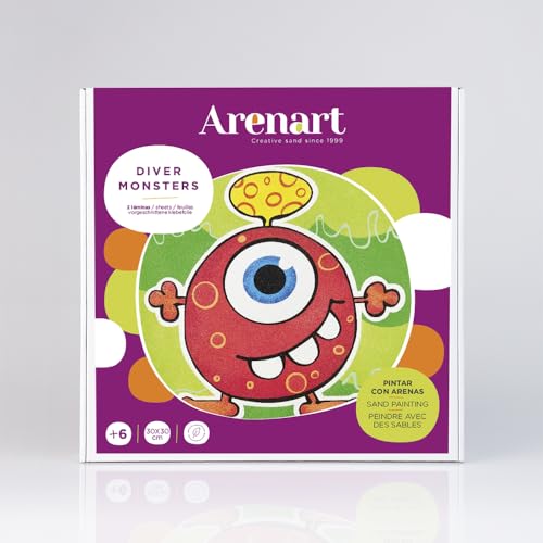 Arenart | Pack 2 Dessins Monstres Plongeurs 30x30cm | peindre avec des sables colorés | Artisanat pour fille | Dessin d'enfants | +6 ans