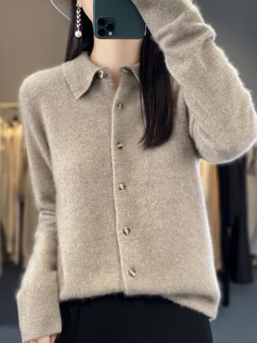 100% Merino Wool Sweaters Women's Fall Winter Warm Soft Knitted Shirt Lapel Polo Collar Cardigan Long Sleeves3