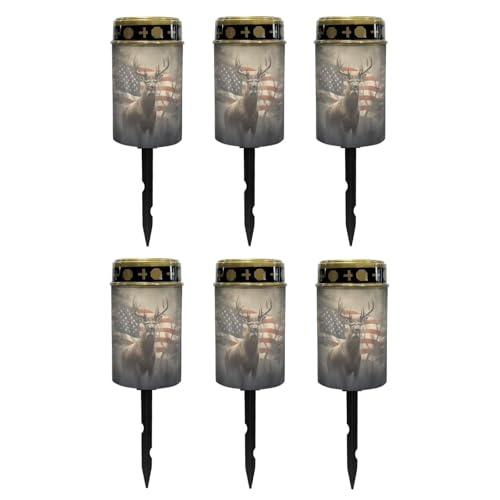 Image of Poceacles Outdoor Lights Solar Powered Flameless Candle Cemetery Votive Candles Waterproof Outdoor Memorial Candle Solar Stake Lights 4th of July Patriotic Decor, Deer American Flag Retro, Pack of 6