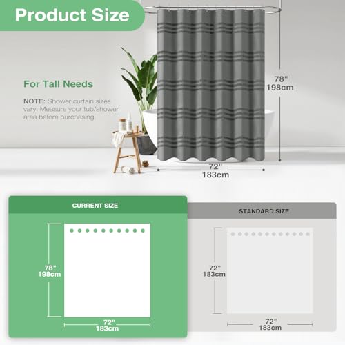 Dynamene Long Fabric Shower Curtain - 72x78 Inch Tufted Chenille Striped Tall Cloth Shower Curtains for Bathroom Decor, Large Hotel Spa Luxury Waterproof Shower Curtain Set with Hook, Charcoal Grey by Dynamene - Image 3