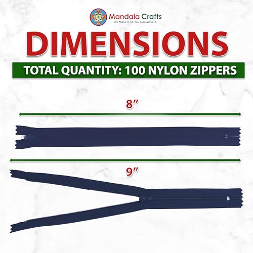 Image of Mandala Crafts 100 PCs Navy Closed-End 8 Inches Nylon Zippers for Sewing