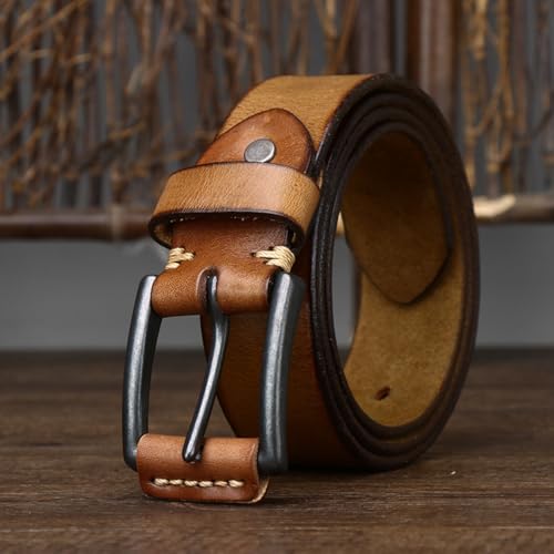 Unisex Cowhide Belt - 1.5" Vintage Distressed Strap With Leather Roller Buckle For Casual & Dress Pants2