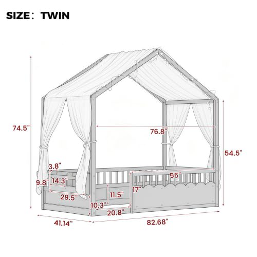 Image of Bellemave Twin House BedFrame with Canopy, Montessori House Bed with LED and Bookshelf and Rails for Kids, Green