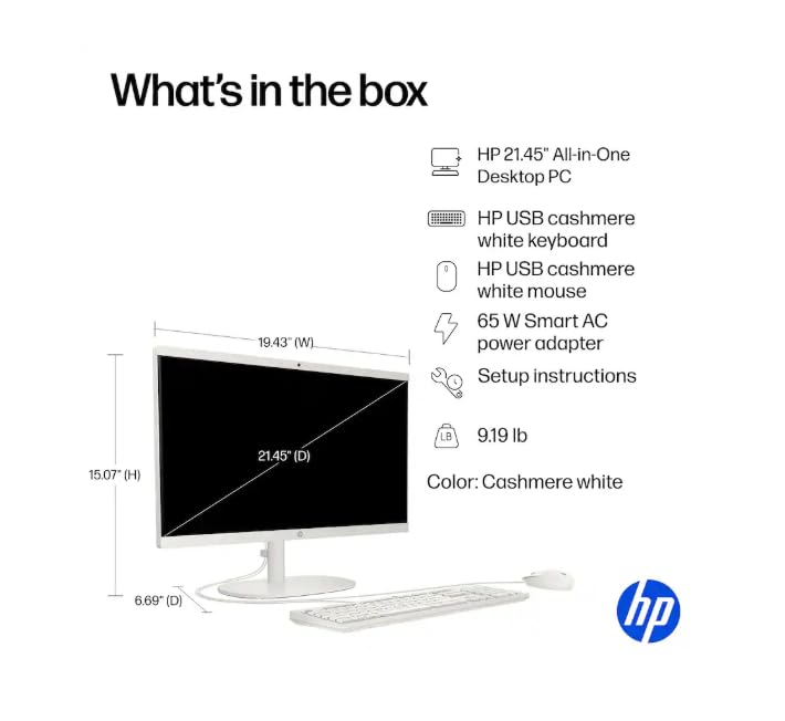 Image of HP 21.5 inch FHD All-in-One Desktop Computer, Intel Quad-Core Processor, 8GB RAM 640GB Storage (128GB SSD+512GB External), Windows 11, Wired Keyboard & Mouse, PLUSERA Earphones, Cashmere White