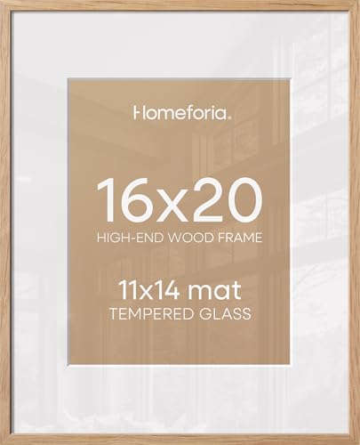 Image of Homeforia 16x20 Wooden Frame, High End Natural Oak 16x20 Light Wood Picture Frame with Mat 11x14, 16 by 20 Poster Frames Matted to 11 x 14 Photo, 20by16 Thin Frames, Tempered Glass, Wall Kit, Set of 1