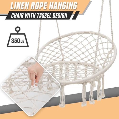 SFIHOME Hammock Swing Chair for Bedroom, Macrame Hanging Chair with Cushion, Max 350 Lbs, Hardware Kit Included (Beige)