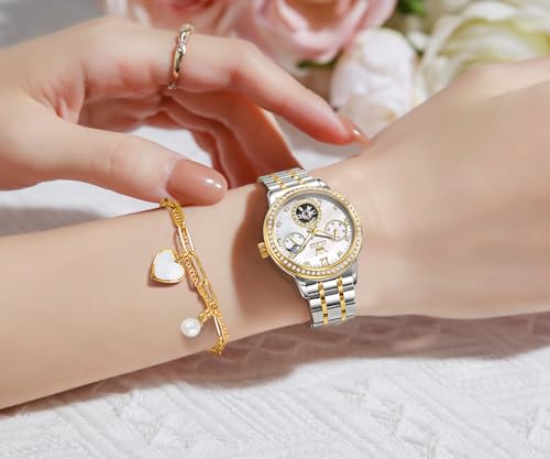 Image of OLEVS Women Watches Automatic Mechanical Set Casual Diamond Dress Ladies Self Winding Two Tone Wrist Watch Date