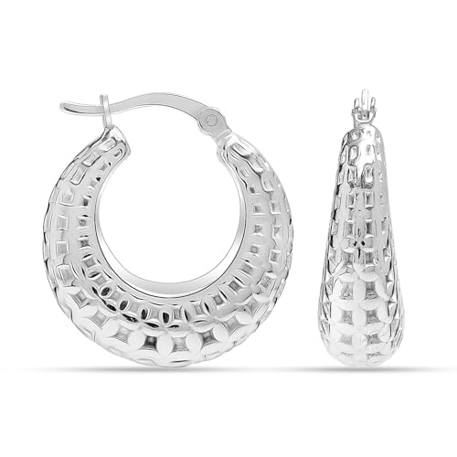 Charmsy - Pendientes de aro gruesos de plata de ley 925 para mujer, pequeños aretes clásicos redondos texturizados para mujer, aretes de aro de 22 mm, Plata de ley, Sin piedra preciosa