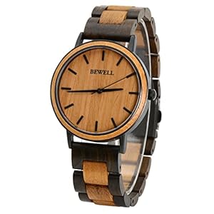 BEWELL Men’s Handmade Wooden Wrist Watch Fashion Minimalist Slim Analog Quartz Watch for Men Boys