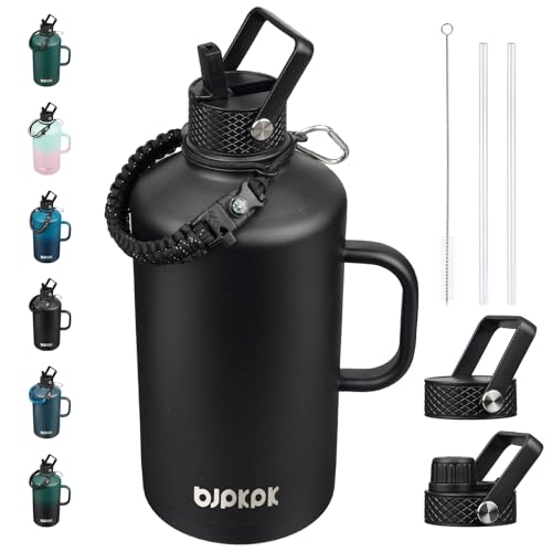 Image of BJPKPK 1 Gallon Water Bottle Insulated with Straw Lid, 128oz Large, Stainless Steel Water Bottles with 3 Lids and Paracord Strap, Double Wall Vacuum Metal Water Jug,Black