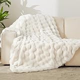 Andency Faux Fur Throw Blanket for Couch, Soft Cozy Bubble Blankets for Women, Girls, White Fluffy Thick Blanket for Living Room, Sofa, Bed, 50x60 Inches, Cream