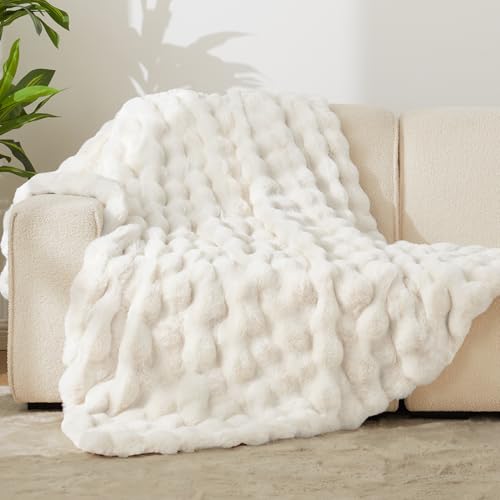 Andency Faux Fur Throw Blanket for Couch, Soft Cozy Bubble Blankets for Women, Girls, White Fluffy Thick Blanket for Living Room, Sofa, Bed, 50x60 Inches, Cream
