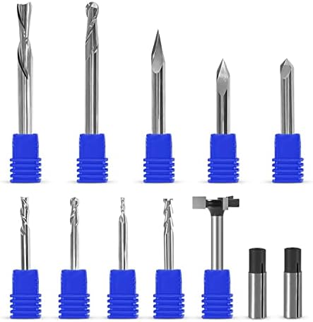 Complete Set of Essential CNC Router Bit Set, 9 Router Bits with 1/4-inch Shank, 2 Reducing Collets, 1 Surfacing Bit, Wood Carving Profile, V- Bits Solid Carbide | 1/4 Router Bit Set