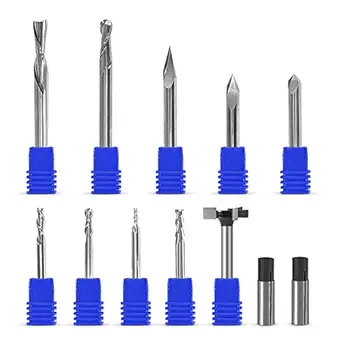 IDC WoodCraft Complete Set of Essential CNC Router Bit Set, 9 Router Bits with 1/4-inch Shank, 2 Reducing Collets, 1 Surfacing Bit, Wood Carving Profile, V- Bits Solid Carbide | 1/4 Router Bit Set