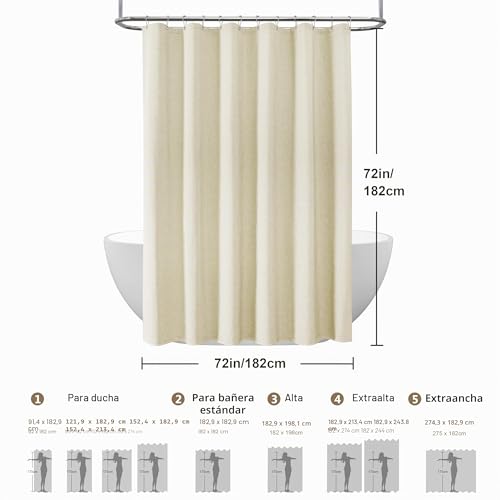 Miniatura 6 de Cortina De Ducha Para Baño Con Ganchos De Metal Cortina De Ducha De Tela De Lino Cortina De Baño Resistente Para Bañera Ducha, Impermeable - 182 X 182cm Beige