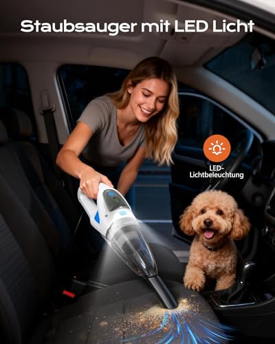 Topipop Handstaubsauger, 25000Pa Handstaubsauger Akku mit Ladestation, waschbarem HEPA-Filter & 45 Minuten Nutzungsdauer, inkl. LED Licht, Handsauger mit 3 Köpfe für Haushalt, Tierhaare, Auto(Weiß)