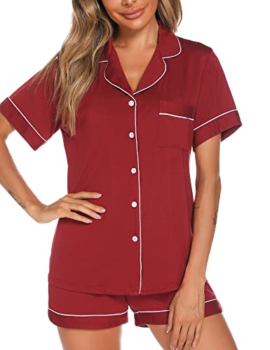 Image of Aamikast Button Up Pajama Set for Women Shorts Short Sleeve Knit Sleepwear 2 Pice Pjs Sets
