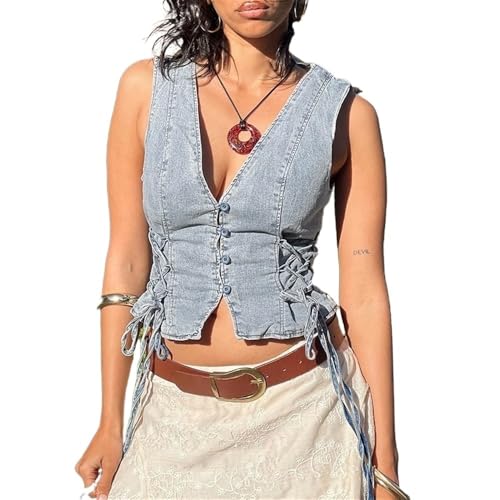 Women's Y2K Denim Vest V-Neck Sleeveless Top with Side Tie Vintage Low-Cut Summer Streetwear(X-Large)