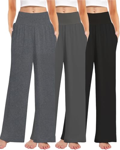 Kivdol 3PACK Women's Casual Loose Wide Leg Cozy Pants Yoga High Waisted Sweatpants Comfy Lounge Pants with Pants with Pockets