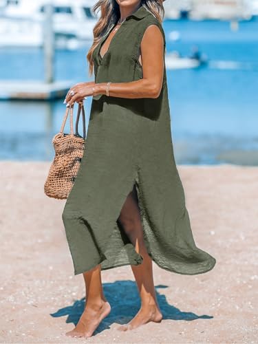 Image of CUPSHE Women's Swimsuit Coverup Casual Sleeveless Side Split Long Cardigans V Neck Midi Beach Dress