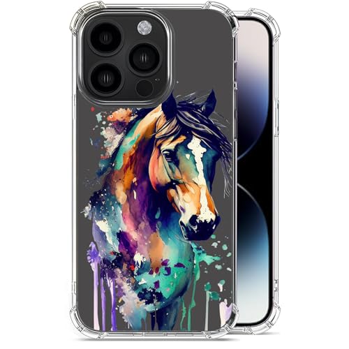 Coque iPhone 14 Pro antichoc militaire transparente 6.1 pouces motif cheval aquarelle