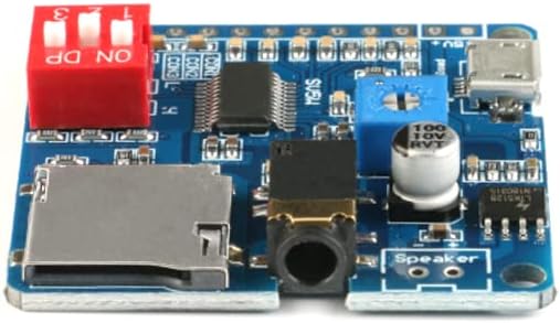 Angled view of the JESSINIE DY-SV5W Voice Playback Module, showing the SD card slot, audio jack, and the red dip switches for mode selection.