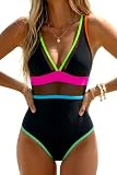 Colorful Black Women's One Piece Swimsuits Tummy Control Neon Color Block L