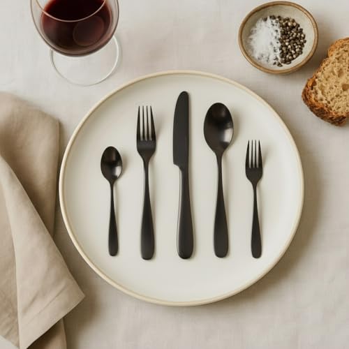 Silverware Set for 6, 30-Piece Famous Haus London Forged Flatware Set, Stainless Steel Cutlery Set with Fork Knife Spoon, Matte Black Finish, Nickel Free & Dishwasher Safe, Wedding Gift by Famous Haus - Used condition - Image 2