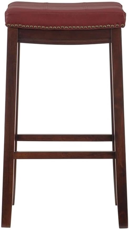 Pemberly Row 32" Wood/Faux Leather Bar Stool, Red Upholstery with Dark Brown Frame, Brass Nailhead Trim, Transitional Style, Counter or Bar Height Seating, Sturdy Build for Home Use