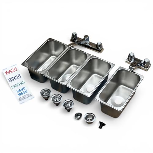 4-Compartment Drop-in Stainless Steel Concession Sink Kit, 12.75x7x6 inches (each sinkbowl), with Strainers, Waterproof Safety Labels, 3/4" drain and economy faucets by Generic - Used condition - US$183.99