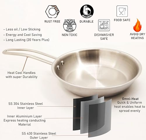 Image of Spillbox Stainless Steel Sandwich Triply Kadhai|Kadai|Wok|Nonstick 3-Layer Body| Steel Cookware|Induction Safe|Dishwasher Safe|Food Grade |Heavy |FryPan |Curry |Stirfry|Deepfry-FryPan(Small-Dia:22cm)