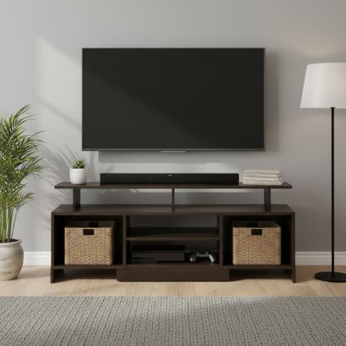 Image of FURNEASER Kashvi Floor Standing TV Unit for Living Room | Modern Engineered Wood TV Cabinet with Open Storage Shelves | Entertainment Center for Upto 55 Inch TV