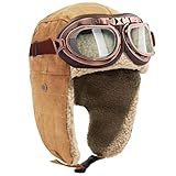 Peicees Aviator Hat with Goggles for Adult- Vintage Pilot Costume Cap Winter Fur Trapper Hat for Men Women Warm