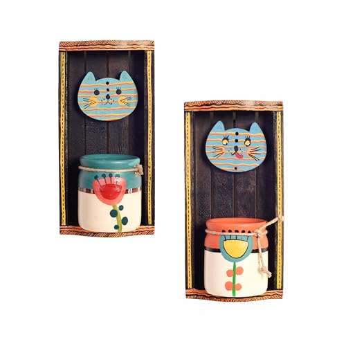 Image of AAKRITI ART CREATIONS Handcrafted Cat Theme Wall Decor with Hanging Floral Art Pots | Wooden & Ceramic Art Set, Matte Finish | Wall Shelf Decor for Home