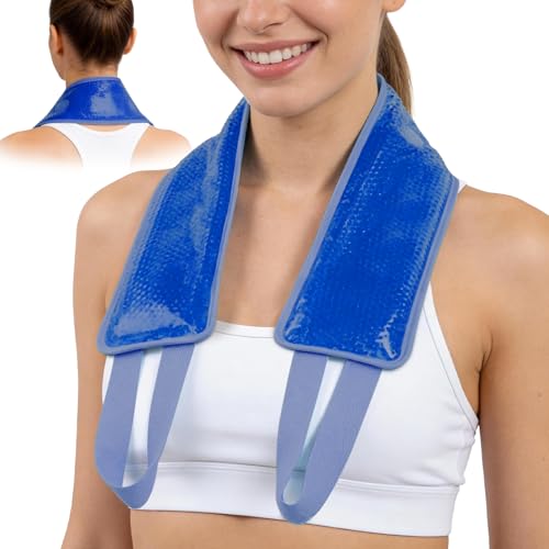 Image of NEWGO Ice Pack for Neck Pain Relief With Strap, Reusable Cold Pack Wrap for Injuries, Sports, Swelling, Cervical Surgery Recovery - 24.8 inch x 4.13 inch - Navy Blue